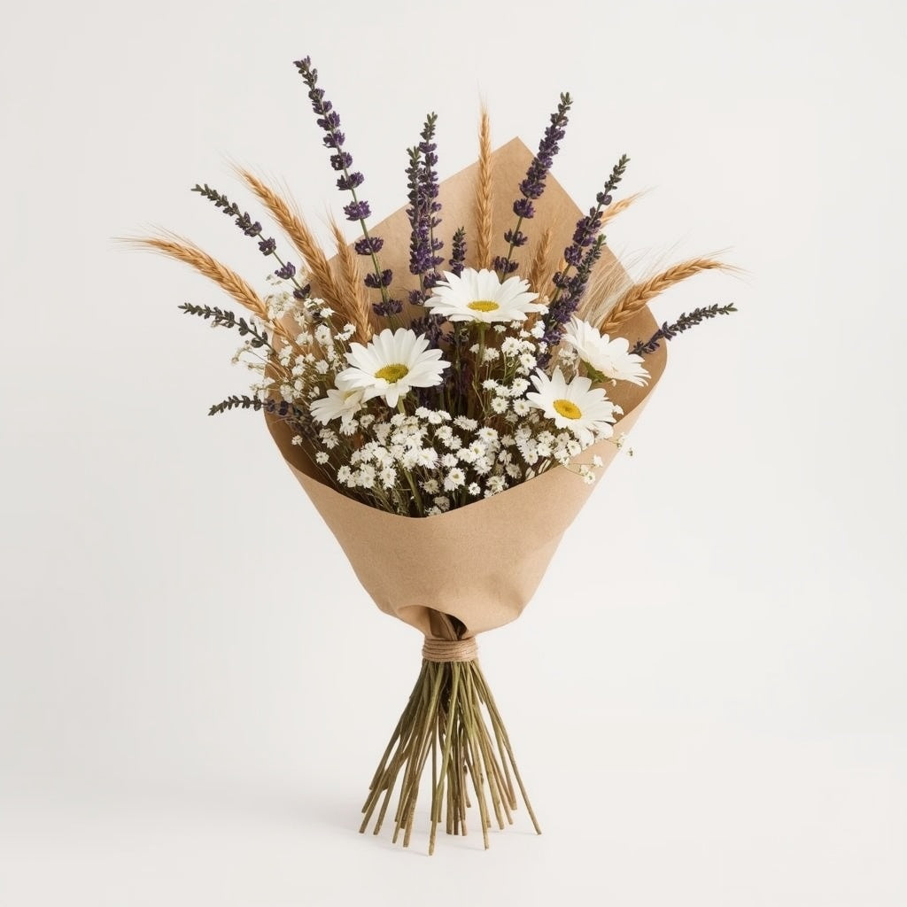 Wildflower Meadow Dried Flower Bouquet – Lavender, Daisies, Wheat & Gypsophila, 50 cm
