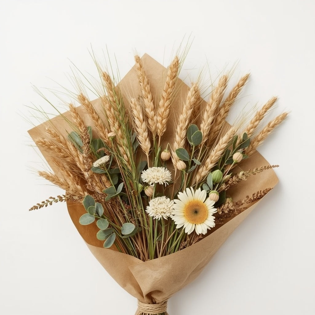 Autumn Harvest Dried Flower Bouquet – Wheat, Strawflowers & Eucalyptus, 55 cm