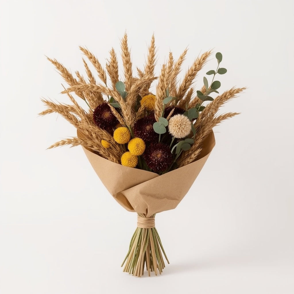 Autumn Harvest Dried Flower Bouquet – Wheat, Strawflowers & Eucalyptus, 55 cm