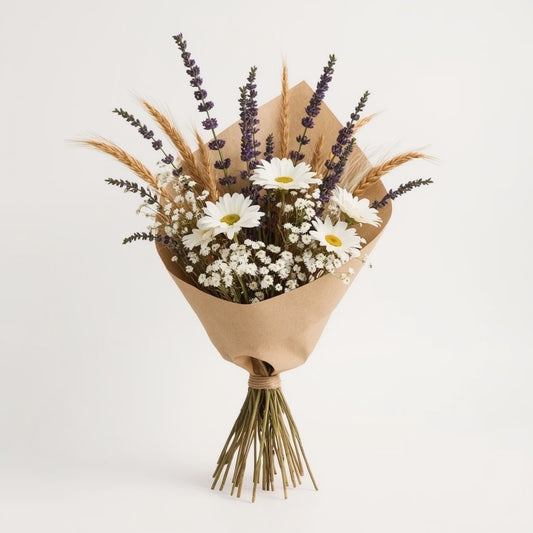 Wildflower Meadow Dried Flower Bouquet – Lavender, Daisies, Wheat & Gypsophila, 50 cm