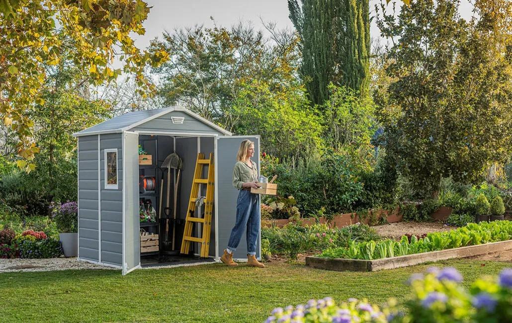 Keter Manor 6x8ft Plastic Apex Shed (1.83 x 2.44m) - Double Door - Grey